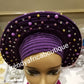 Purple  Auto-gele made with quality Aso-oke. Beaded and stoned quality hand work. One size fit, easy to adjust for fit and knot at the back