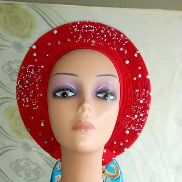 Clearance Nigeria gele. Red Auto-gele. Nigerian aso-oke made into auto gele. Red color, beaded and stoned. Party ready in less than 5 minutes. One size fit, easy adjustment at the back