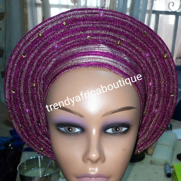 Latest Nigeria gele. Fuschia pink/silver Auto-gele. Nigerian aso-oke made into auto gele. beaded and stoned. Party ready in less than 5 minutes. One size fit, easy adjustment at the back