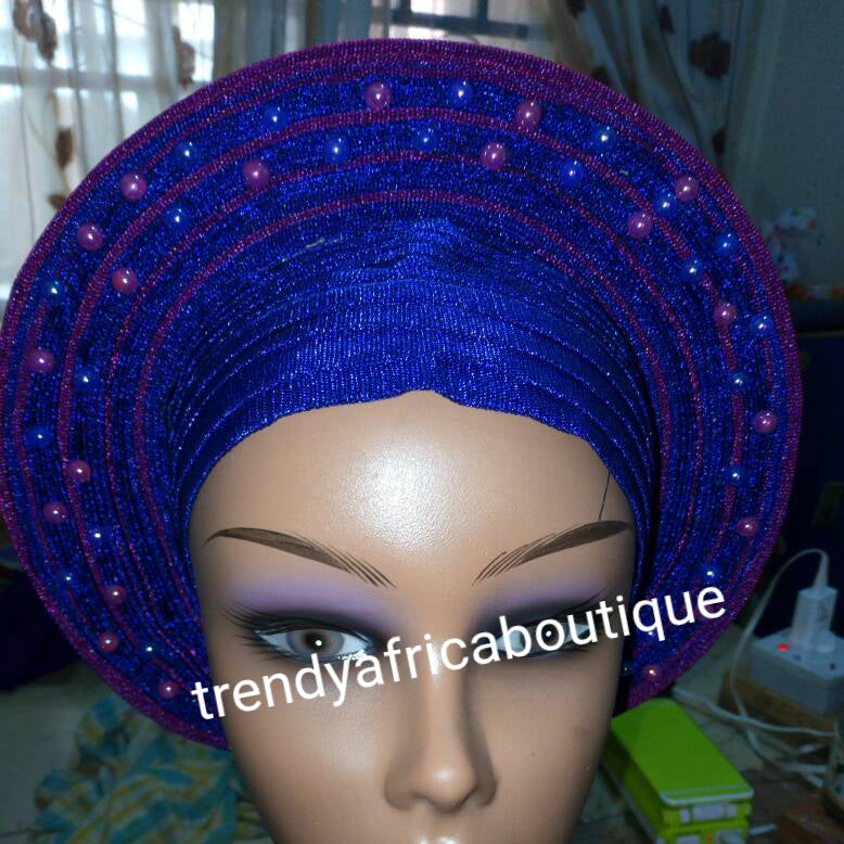 Latest Nigeria gele. Royal blue/fuschia pink Auto-gele. Nigerian aso-oke made into auto gele. beaded and stoned. Party ready in less than 5 minutes. One size fit, easy adjustment at the back