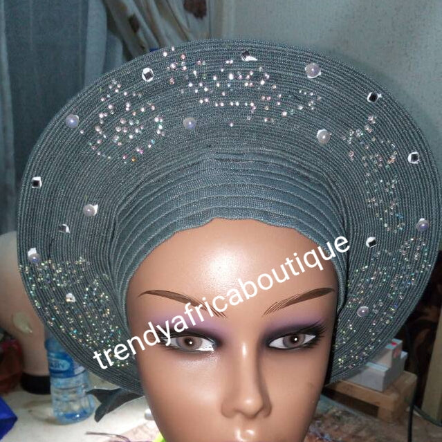 Latest Nigeria gele. Gray Auto-gele. Nigerian aso-oke made into auto gele. beaded and stoned. Party ready in less than 5 minutes. One size fit, easy adjustment at the back