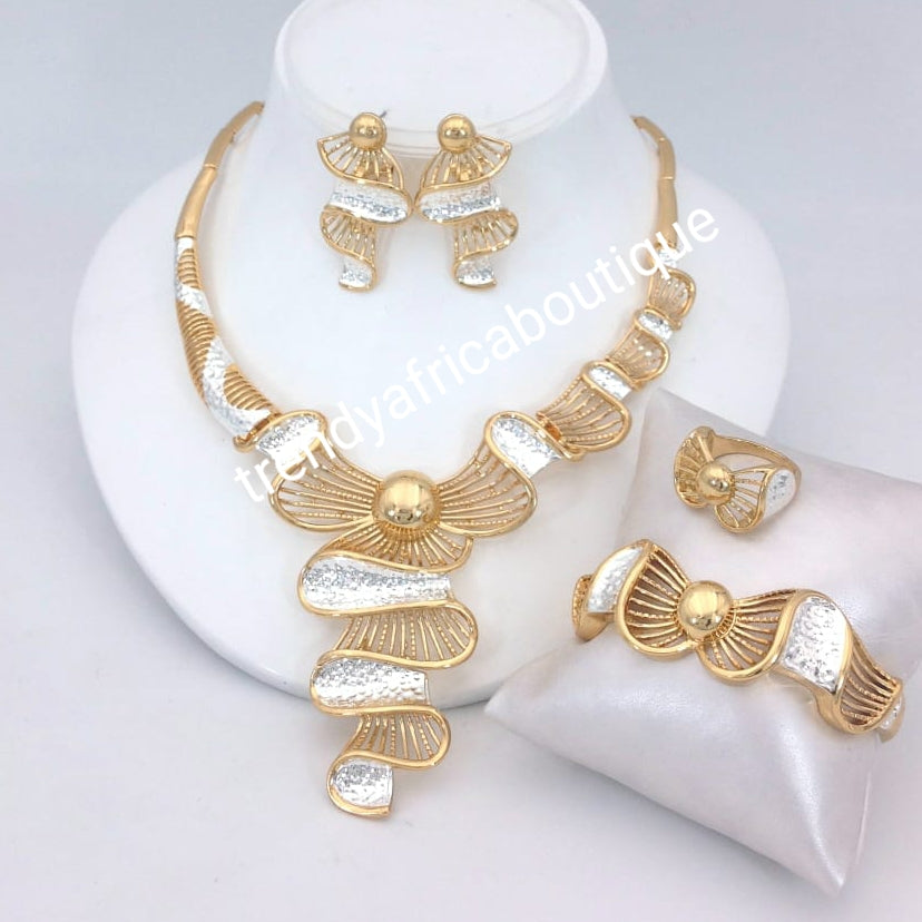 Beautiful Dubai costume jewelry set in 18k two tone gold plating. High quality hypoallergenic jewelry set. 4pcs set. Sold per set..