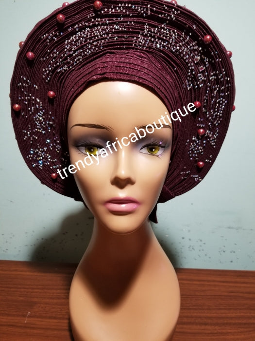 Sale, Sale: Fabulous chocolate brown auto-gele made with quality Aso-oke. Beaded and  stoned work to perfection. One size fit, easy to adjust for fit and knot at the back to secure your gele. This is true original auto gele