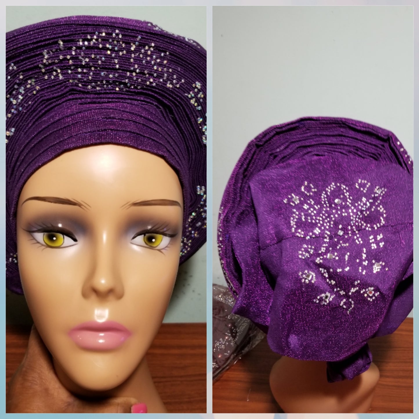 Beautiful Purple Auto-gele made with quality Aso-oke. Silver stoned work to perfection. One size fit, easy to adjust for fit and knot at the back to secure your gele. This is true original auto gele
