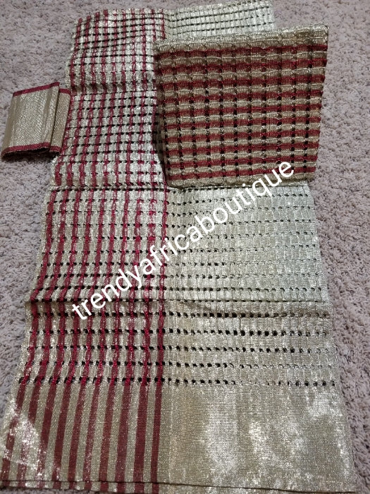 3pcs set Gold/wine Aso-oke gele/ipele/fila. Latest metalic aso-oke in basket design. Sold as a set. Use for Nigerian traditional wedding accessories for bride amd and groom. Top quality aso-oke woven in mother land.