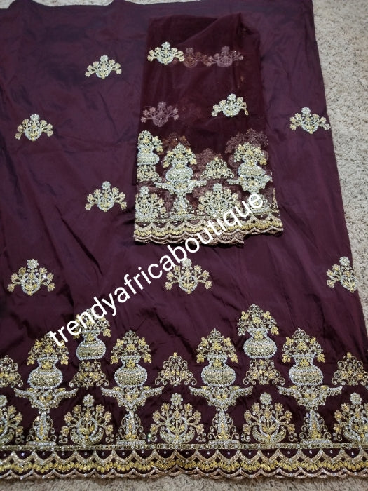 Nigerian Tranditional George wrapper. Embriodery/stones design in chocolate brown wrapper with matching net for blouse. Small-George. Superior quality African George wrapper