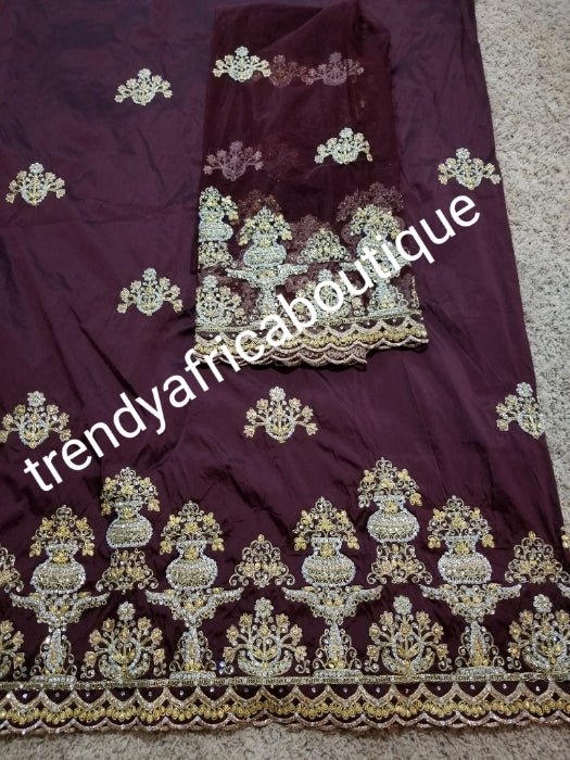 Nigerian Tranditional George wrapper. Embriodery/stones design in chocolate brown wrapper with matching net for blouse. Small-George. Superior quality African George wrapper