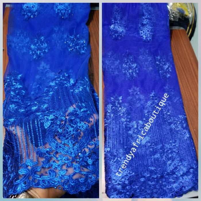 Sale: New arrival royal blue embriodery french lace fabric, embellished with royal blue dazzling stones. Great quality, excellent quality,  Sold per 5yds, price is for 5yds.