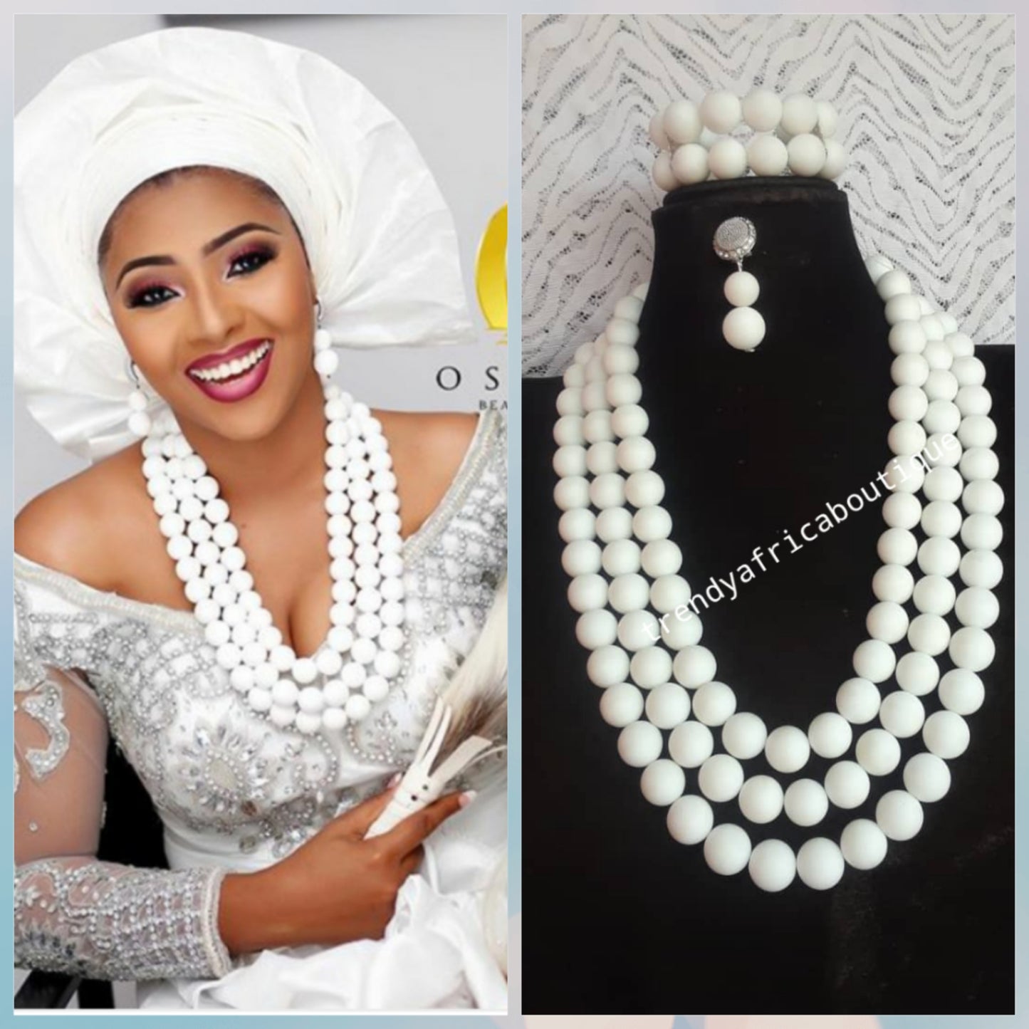 New arrival Original Pure white Stone Nigerian women Coral-necklace set. 3 row necklace for weddings and more. Nigerian Celebrants accessories. Necklace/earrings/ 2 Bracelet