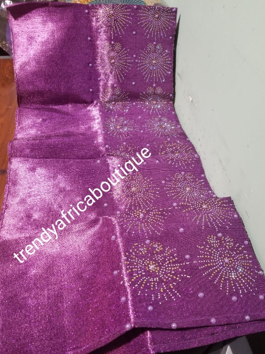 New arrival Purple metallic aso-oke gele Bedazzled with crystal stones and pearls. Nigerian Traditional Aso-oke head wrap. Original quality gele. Buy gele only or with fila for hubby cap