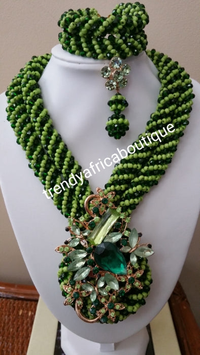 Clearance: 3pcs  bottle Green/lemongreen 2 row  beaded necklace set. Beautiful center piece brooch to perfect look