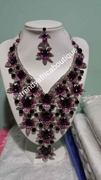 Clearance sale: Crystal 2pcs wedding necklace set for weddings/big event. Beautiful necklace and matching earrings. Costume jewelry set in dazzlying crystal in 18k gold plating. Purple stones for Nigerian traditional wedding accessories
