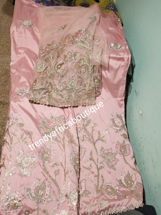 Sweet dusty pink Nigerian Traditional Silk embroidery George wrapper. Quality embroidery + Hand Beaded/stones design in beautiful soft pink color 5yds + 1.8 matching net blouse. Igbo/delta bride outfit. Small-George.