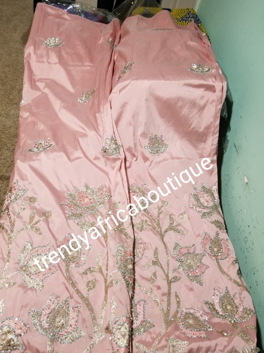 Sweet dusty pink Nigerian Traditional Silk embroidery George wrapper. Quality embroidery + Hand Beaded/stones design in beautiful soft pink color 5yds + 1.8 matching net blouse. Igbo/delta bride outfit. Small-George.