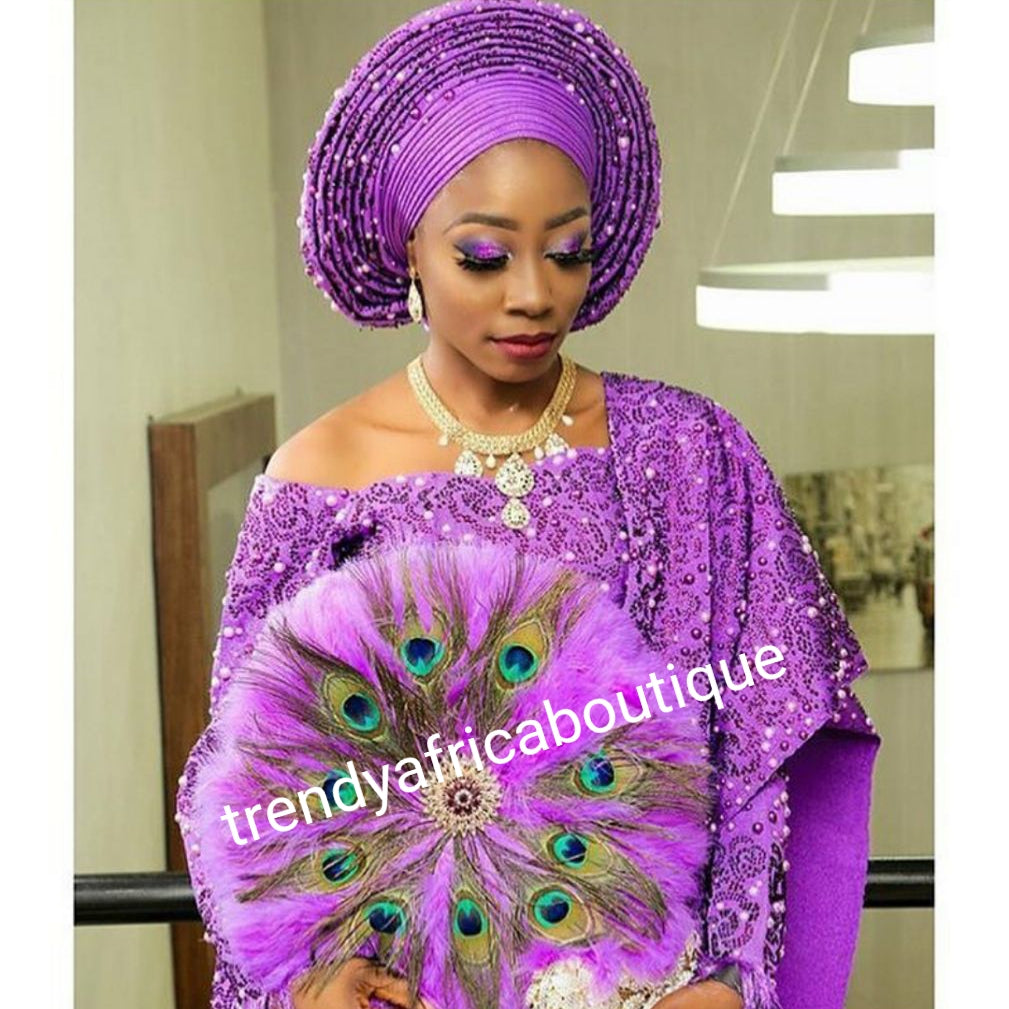 New arrival Purple peacock feather hand fan for Nigerian Bridal use. F Trendy Africa Boutique