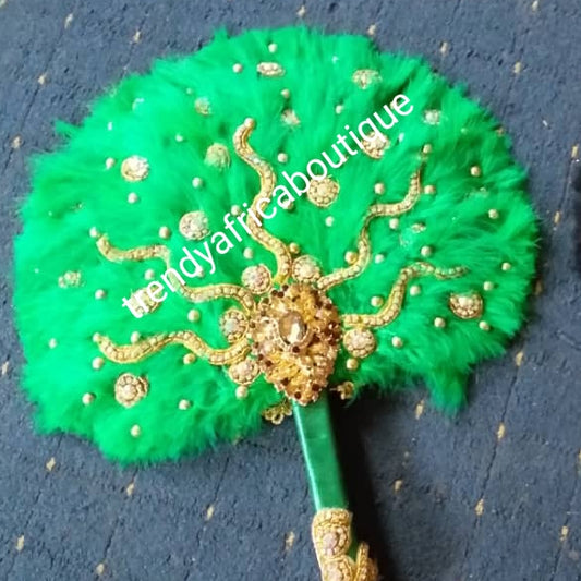 New arrival Green bead-dazzled feather hand fan. Nigerian Bridal accessories Feather hand fan. Long handle beaded and stoned. Size: Small feather in Green color