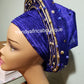 Clearance Nigeria gele. Royal blue/champagne Auto-gele. Nigerian aso-oke made into auto gele. Two tone auto gele beaded and stoned. Party ready in less than 5 minutes. One size fit, easy adjustment at the back