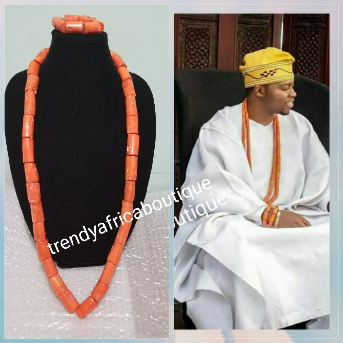 Original Edo Native bead.Coral beaded necklace set for Nigerian/Edo traditional wedding for men. Coral-necklace and  bracelet. Big chunky coral