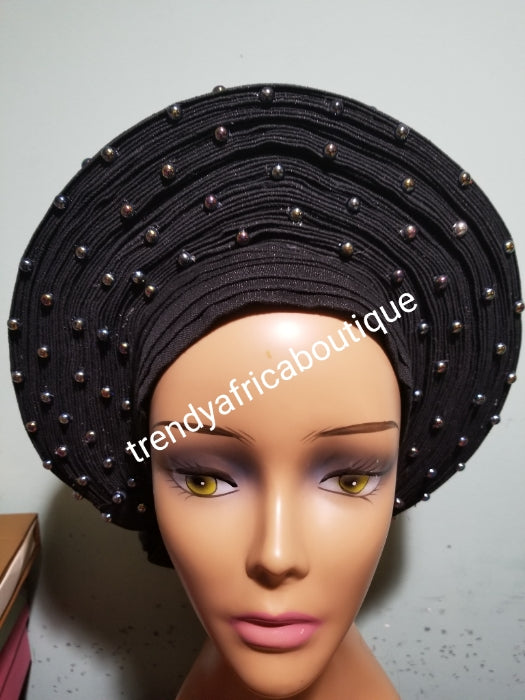 Latest Nigeria gele. Black Auto-gele. Nigerian aso-oke made into auto gele. beaded gele. Party ready in less than 5 minutes. One size fit, easy adjustment at the back