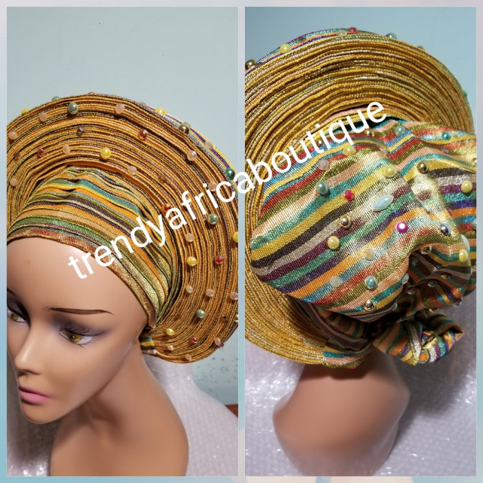 Yellow Gold multi-color Auto-gele. Nigerian aso-oke made into auto gele. beaded gele. Party ready in less than 5 minutes. One size fit, easy adjustment at the back