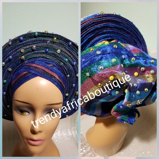 Royal blue  multi-color Auto-gele. Nigerian aso-oke made into auto gele. beaded gele. Party ready in less than 5 minutes. One size fit, easy adjustment at the back