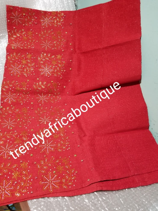 Extra wide Red Be-dazzled aso-oke Gele for a more classic head wrap. Beautiful Red color. Nigerian Aso-oke Gele in original quality woven in Nigeria. Contact for aso-ebi order