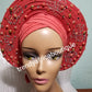 Sweet Coral Auto-gele made with quality Aso-oke. Beaded and stoned work front and back to perfection. One size fit, easy to adjust for fit and knot at the back to secure your gele. This is true original auto gele
