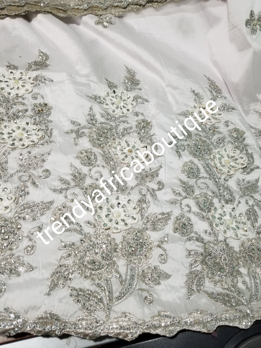 Quality pure White/White Taffeta Silk George wrapper for Nigerian women. 5yds wrapper + 1.8yds matching net for blouse. Sold as a set. Embriodery/beads and stone work. Small-george