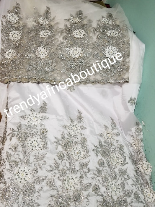 Quality pure White/White Taffeta Silk George wrapper for Nigerian women. 5yds wrapper + 1.8yds matching net for blouse. Sold as a set. Embriodery/beads and stone work. Small-george