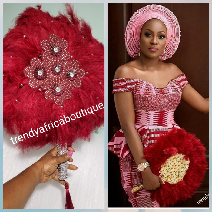 Wine/silver color, Nigerian hand made Feather hand fan. Custom made, front design with silver handle and tassel. medium size hand fan Nigerian Bridal-accessories design with beads and flower petal.
