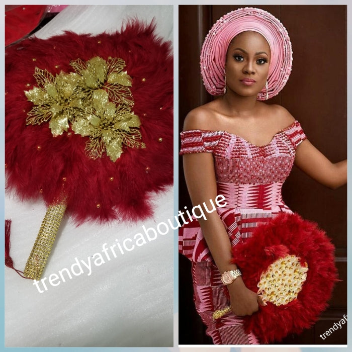 Wine/Gold color, Nigerian hand made Feather hand fan. Custom made, front design with gold handle and tassel. medium size hand fan Nigerian Bridal-accessories design with beads and flower petal.