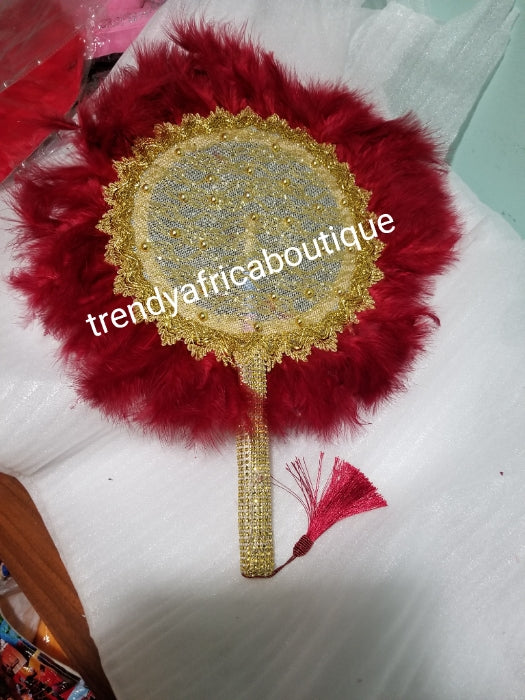 Wine/Gold color, Nigerian hand made Feather hand fan. Custom made, front design with gold handle and tassel. medium size hand fan Nigerian Bridal-accessories design with beads and flower petal.