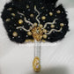 Black/Gold color, Nigerian hand made Feather hand fan. Custom made, front design beaded and stoned. Small size hand fan Nigerian Bridal-accessories design with beads and flower petal.