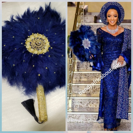 Navy blue/Gold color, Nigerian hand made Feather hand fan. Custom made, front design with gold handle and tassel. medium size hand fan Nigerian Bridal-accessories design with beads and flower petal.