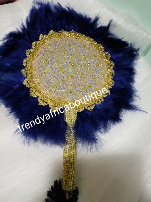 Navy blue/Gold color, Nigerian hand made Feather hand fan. Custom made, front design with gold handle and tassel. medium size hand fan Nigerian Bridal-accessories design with beads and flower petal.