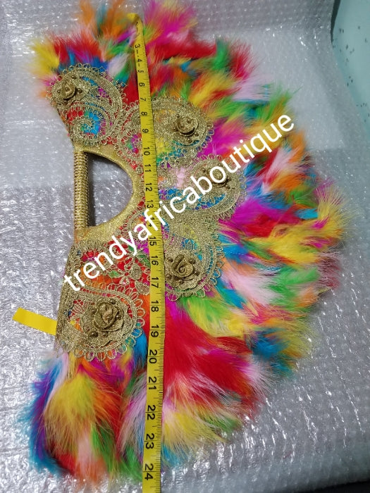 Latest multi color, Nigerian hand made Feather hand fan. Custom made, front/back design beaded and stoned. Large  hand fan Nigerian Bridal-accessories design with beads and flower petal. Measure 24" long× 13" wide