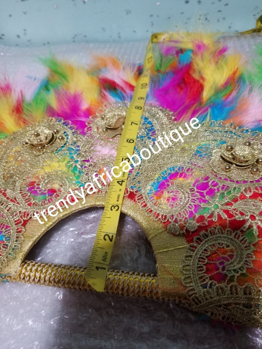 Latest multi color, Nigerian hand made Feather hand fan. Custom made, front/back design beaded and stoned. Large  hand fan Nigerian Bridal-accessories design with beads and flower petal. Measure 24" long× 13" wide
