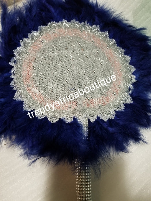Navy blue/silver color, Nigerian hand made Feather hand fan. Custom made, front design with silver handle and tassel. medium size hand fan Nigerian Bridal-accessories design with beads and flower stone work.