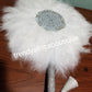 Small White/silver color, Nigerian hand made Feather hand fan. Custom made, front design with white pearl and silver stone work. Made with Long Silver handle with white tassel. Bridal engagement hand fan/ Bridal-accessories.