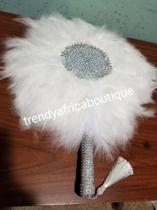 Small White/silver color, Nigerian hand made Feather hand fan. Custom made, front design with white pearl and silver stone work. Made with Long Silver handle with white tassel. Bridal engagement hand fan/ Bridal-accessories.