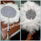 Small White/silver color, Nigerian hand made Feather hand fan. Custom made, front design with white pearl and silver stone work. Made with Long Silver handle with white tassel. Bridal engagement hand fan/ Bridal-accessories.