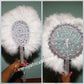 Small White/silver color, Nigerian hand made Feather hand fan. Custom made, front design with white pearl and silver stone work. Made with Long Silver  handle with white tassel. Bridal engagement hand fan/ Bridal-accessories.