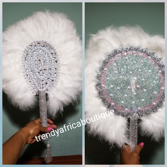 Small White/silver color, Nigerian hand made Feather hand fan. Custom made, front design with white pearl and silver stone work. Made with Long Silver  handle with white tassel. Bridal engagement hand fan/ Bridal-accessories.