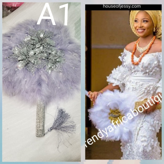 Medium size Gray color: Nigerian hand made Feather hand fan. Custom made, front design with silver/gray pearls. Made with Long Silver handle with gray tassel. Bridal engagement hand fan/ Bridal-accessories.