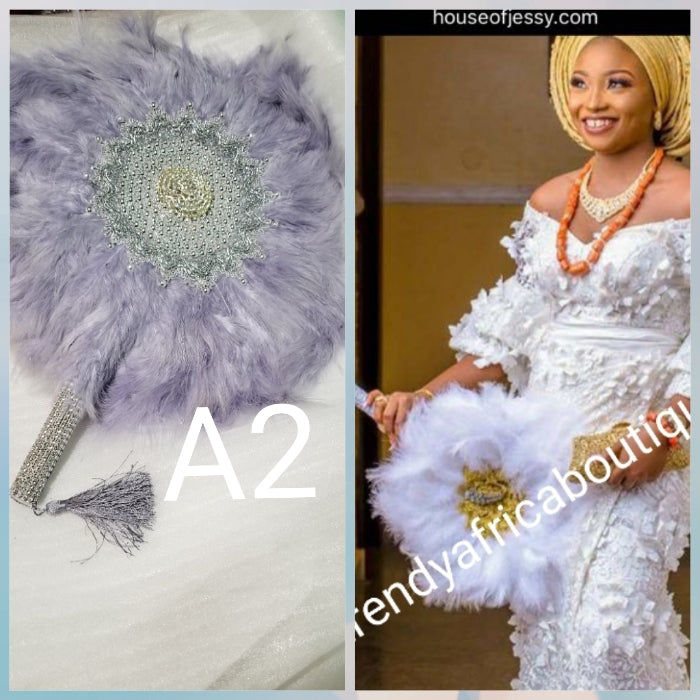 Medium size Gray color: Nigerian hand made Feather hand fan. Custom made, front design with silver/gray pearls. Made with Long Silver handle with gray tassel. Bridal engagement hand fan/ Bridal-accessories.