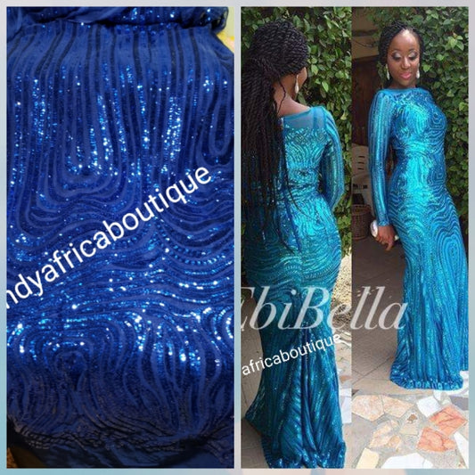 Clearance: Latest African French lace fabric in Royal blue.  French lace in sequence design. Sold per 5yds, price is for 5yds. For making African party  dresses, evenning gowns.