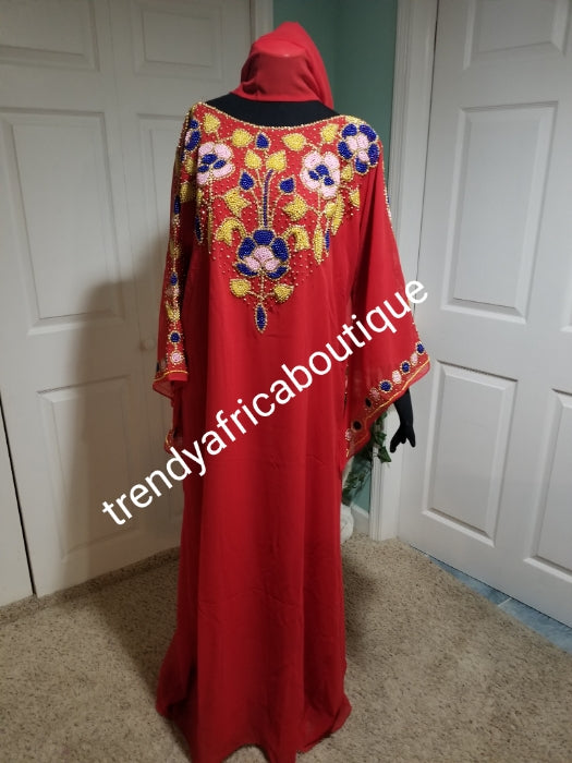 Special price offer, Red dubai kaftan free flowing boubou. Multi color Beaded and stonesd to perfection. Quality bead work. Availablein size, S,M,L,XL and XXL.. Chiffon kaftan With head tie. 60' long