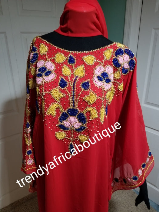 Special price offer, Red dubai kaftan free flowing boubou. Multi color Beaded and stonesd to perfection. Quality bead work. Availablein size, S,M,L,XL and XXL.. Chiffon kaftan With head tie. 60' long