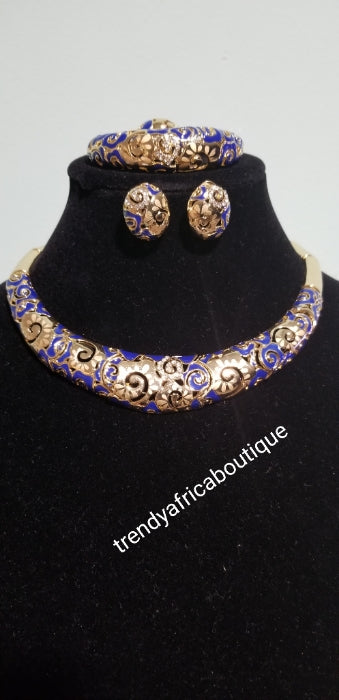 18k high quality Gold plating Dubai Jewelry set. 4piece necklace, earrings, bangle, ring set. Gold/royal blue design.  party Jewelry set.