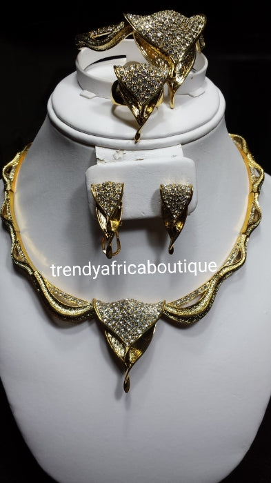 18k high quality Gold plating Dubai Jewelry set. 4 piece necklace, earrings, bangle, ring set. African party Jewelry set. Hypoallergenic, high quality plating